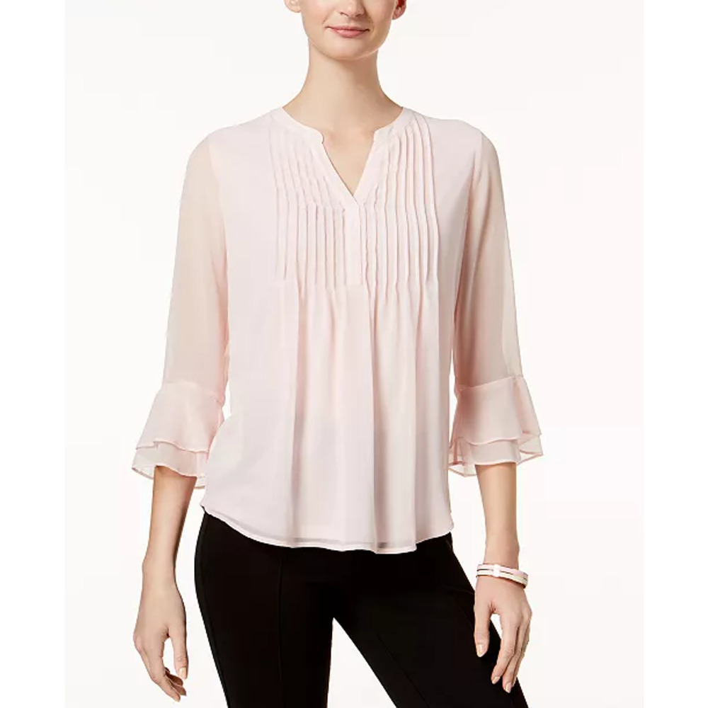 Charter Club Blush Light Pink Ruffle Bell 3/4 Sleeve Pintuck Top Blouse Size XXL